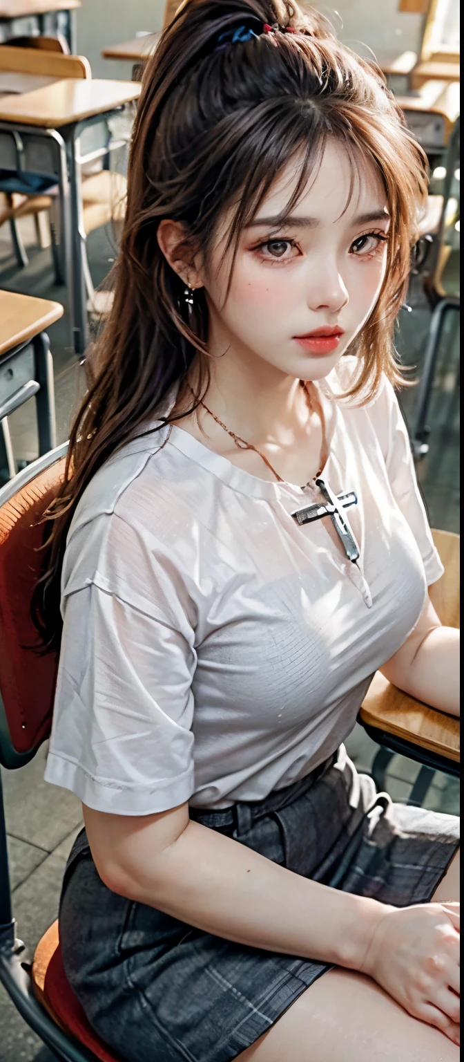 (masterpiece: 1.3), (Maximum resolution: 1.2), (Ultra HD TV: 1.2), Cinema Lights, Ultra HD TV, (Detailed eyes and skin), (Detailed facial features), High resolution, 8k resolution, Sharp focus: 1.2, Perfect Style, Beautiful Face, Accurate, Anatomically correct, Highly detailed face and skin texture, Detailed eyes, Brown eyes, double eyelid, Thin eyebrows, Glitter Eyeliner: 1.2, Natural Cheeks, Glowing Skin, Fair skin: 1.2, Shiny little necklace and earrings, (Glossy Lips: 1.4), break, First Person View, Wearing a high school uniform, (Fascinating face: 1.2), Pure and cute, (High ponytail, Wavy Hair, Gray hair and some colored hair, Diagonal bangs), Medium Long Hair, View from above, (Full Body Shot: 1.2), Focus on the face, ((Very close relationship: 1.2)), (Medium large breasts), (((In the classroom: 1.2)), ((sit cross-legged on a school chair:1.4)), (Look at me)), (From the side:1.2)