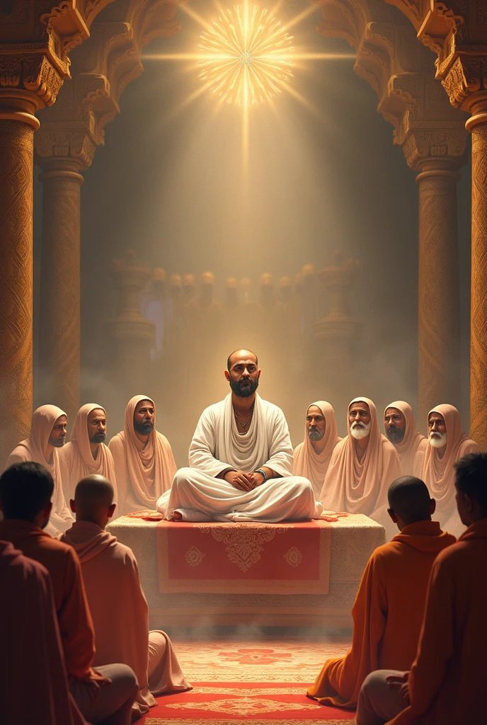 Lord swaminarayan was sitting in the court of Dadakhachar in the middle of Sri Garhda and was wearing all white clothes and in front of his Mukharvind sat a gathering of Paramahans and Haribhakta of the country.