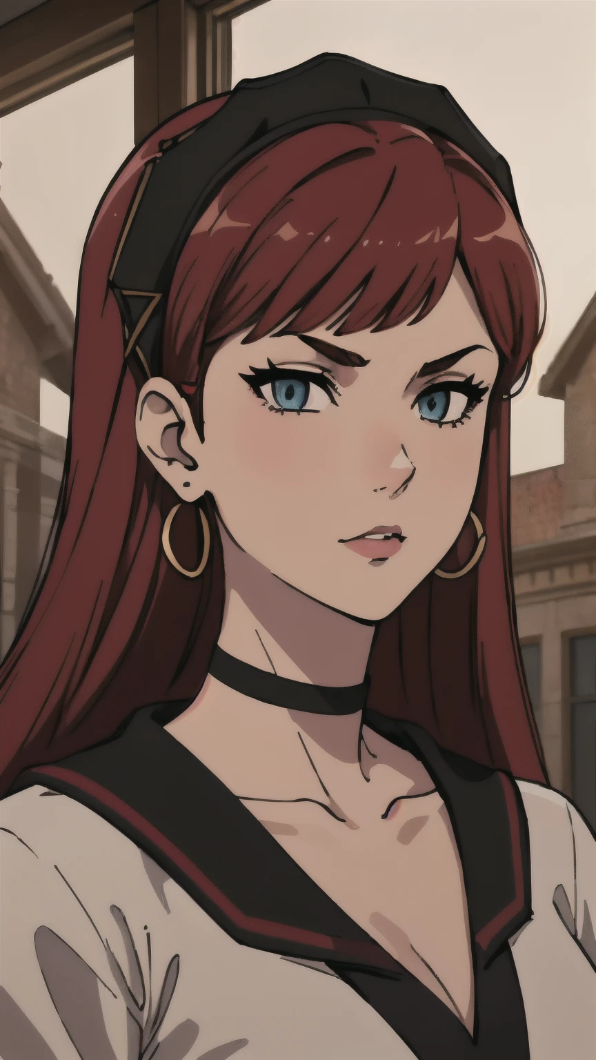 (Hilda), Pope, (milf), 1 girl, ((40 years)), (giant breasts), black crown, jewelry, hoop earrings, Red hair, swept bangs, blue eyes, (masterpiece:1.2, Best Quality:1.2, beautiful, high quality, High resolution:1.1, Aesthetic), detailed, extremely detailed, Soft ambient lighting, 4k, perfect lighting, perfect face, detailed face, Perfect eyes, full body shot, (student uniform:1.2, serafín, choker), 