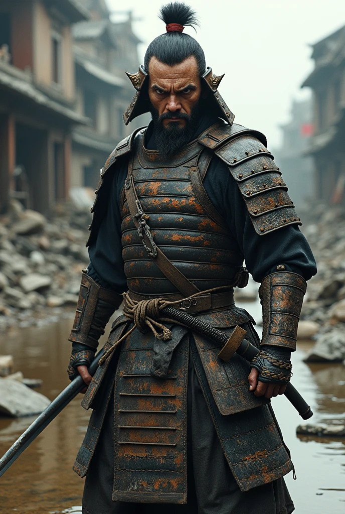 Absurd, High resolution, Super detailed, beautiful, masterpiece, Highest quality、水面に光がreflectionしている、reflection、Realな質感、Realistic、Real、Realistic、Blur、samurai、armor、Japanese sword、Fight、Combat Ready、anger、war、Broken Building、horse、inflammation、scratch、Focus on the face、battlefield、Sandbox、A little grass、My clothes are torn、