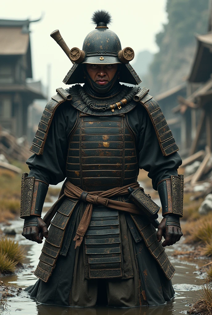 Absurd, High resolution, Super detailed, beautiful, masterpiece, Highest quality、水面に光がreflectionしている、reflection、Realな質感、Realistic、Real、Realistic、Blur、samurai、armor、Japanese sword、Fight、Combat Ready、anger、war、Broken Building、horse、inflammation、scratch、Focus on the face、battlefield、Sandbox、A little grass、My clothes are torn、
