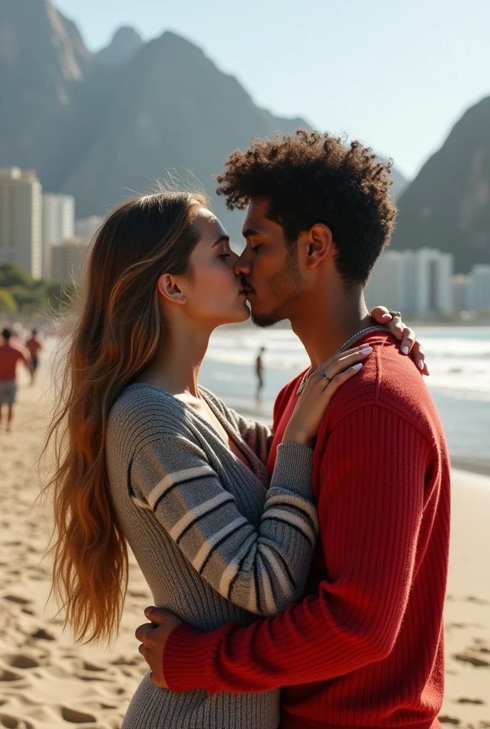 A girl with long light brown hair, wearing a striped long sleeve sweater, the blouse is gray with red stripes.
She is kissing an Indian boy, the boy and they are on a beach in Rio de Janeiro 