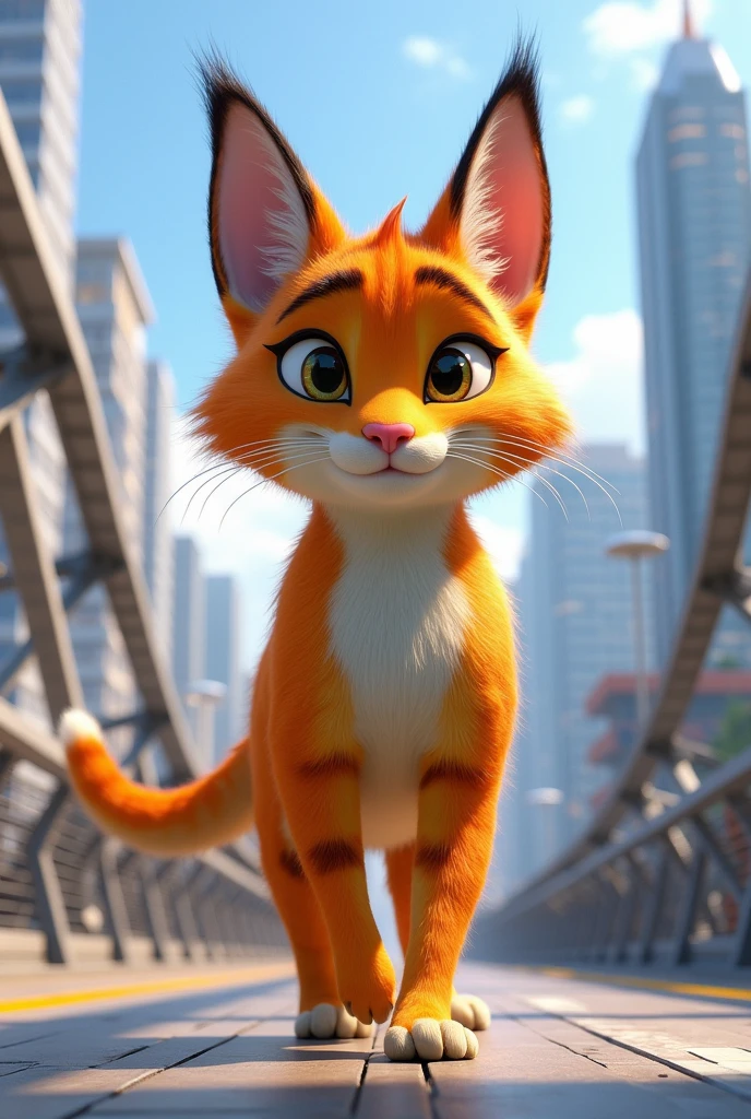 Create a Zootopia-style image of an adult cat with yellow fur and white stripes, he will be walking across a bridge
