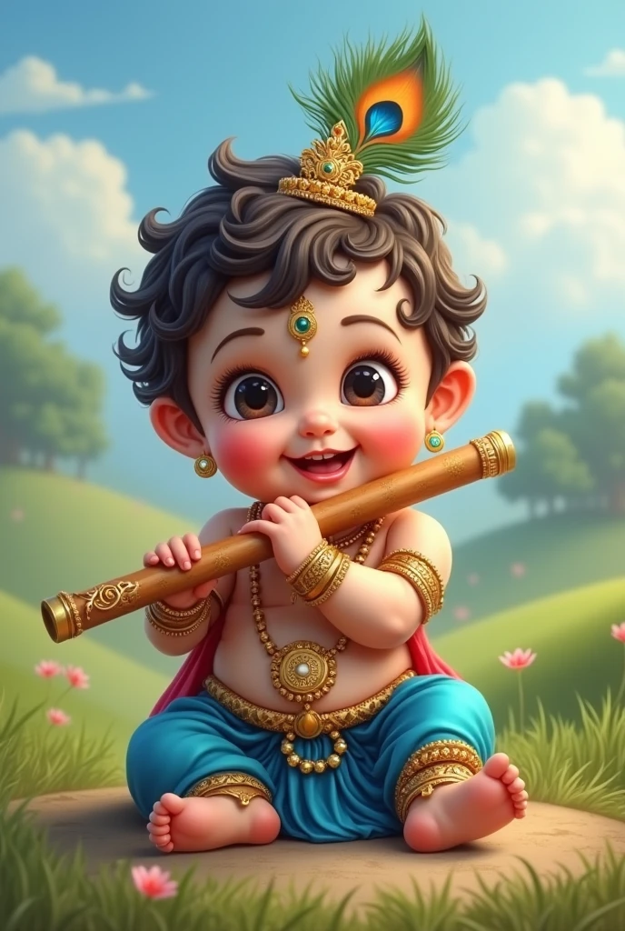 A cute  chubby   with lord krishna costume and flute in hand 
