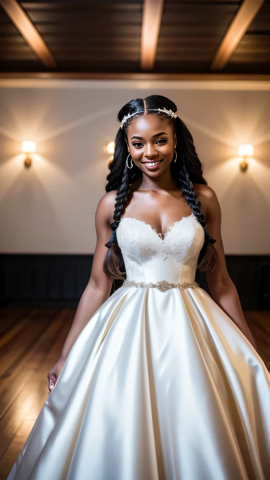 Realistic full body photo of a smiling black woman with long hair, Braided hairstyle, She dances in front of the camera in a long A-line wedding dress with straps made of shiny satin., Park,glamour fotoshooting, Wedding celebration, perfect anatomy, perfect brown eyes. Perfect hands with 5 fingers on each hand, Matching girl, looking at the camera, 1 Frau. (Eye make up:1.1), (highly detailed skin:1.1), spirit, analog style, keen focus, 8K UHD, dslr, good quality, Fujifilm XT3, Grain, Award-winning, masterpiece. Wedding celebration