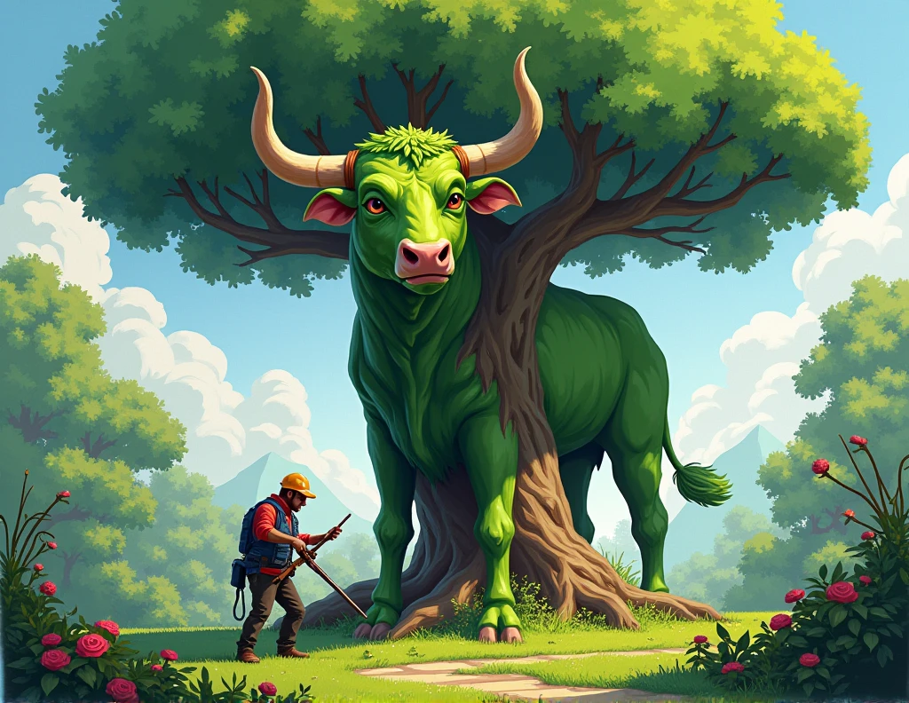 Create a picture of a tree pruner in the garden with a large tree shaped like a bull with green color, 2 horns and a nose