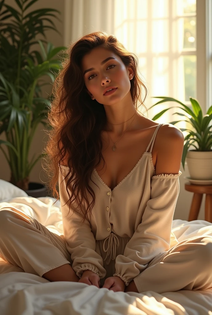 (photorealism:1.2), beautiful woman, sitting on bed, wearing loose off-shoulder top, pajama pants, long curly hair, indoors, soft lighting, plants in background, window with sunlight, cozy room, relaxed pose, realistic, intricate details, warm colors, by Greg Rutkowski, by Alphonse Mucha