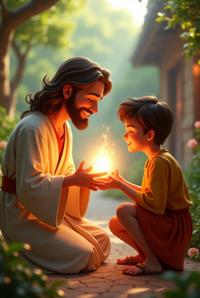 A 3D movie poster in Disney-Pixar style of Jesus as a kid helping his friend that broke his ankle and praying for him to recover, after praying a very bright light appeared in Jesus' hands while taking his friend’s broken ankle