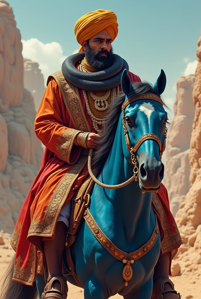 Rajasthani mid age charming turban king having black cobra around his neck and riding on blue horse