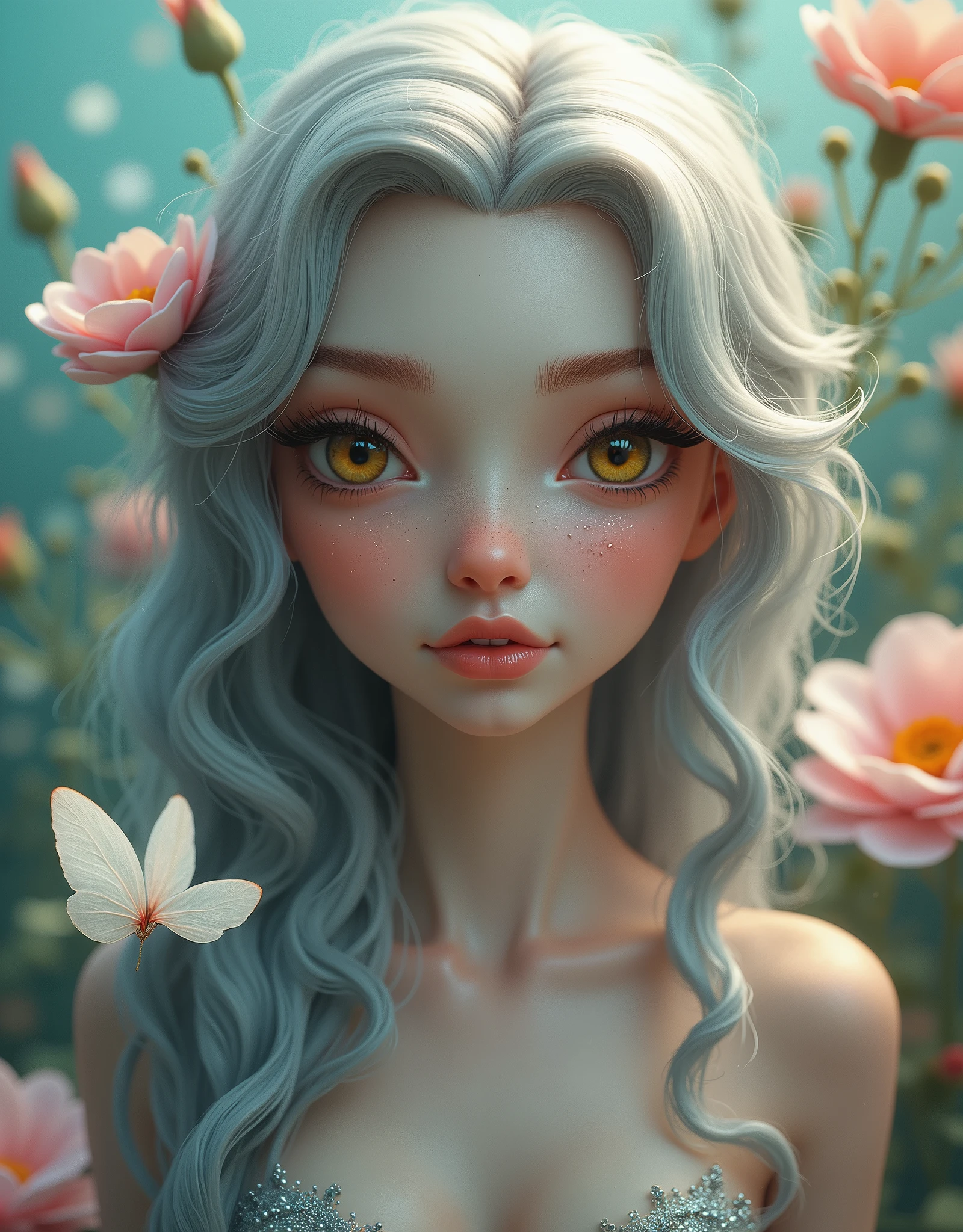 detail, Realism, 4K, , facial detailing, large yellow eyes, Plump lips, Upturned nose, Gray hair on pink hair, A Beautiful Mermaid 🧜♀️ , Flowers in the background, White butterfly in the foreground, Realistic shooting, depth of fields, Soft front light, Glow, nffsw (PastelColors: 1.2), Canon RF 100mm f2.8L 宏 IS USM