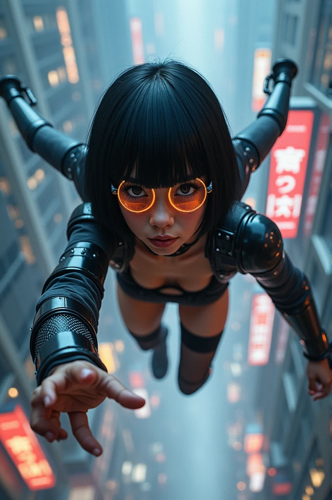 (a cute inuit native american mix girl 18yo)(cool cyberpunk laser visor)(bobcut black shiny hair) (shinto priest costume bikini) (flying all over the city) (long mechanical arms sprouting from her back) (grappling buildings) (high tech glowing gauntlets) (lace thigh highs)  (superhero poster shot) (64k uhd super detailed dramatic) (wide camera 24mm canon eos r850) (from below) (showing open hands complete detailed hand and fingers to camera)