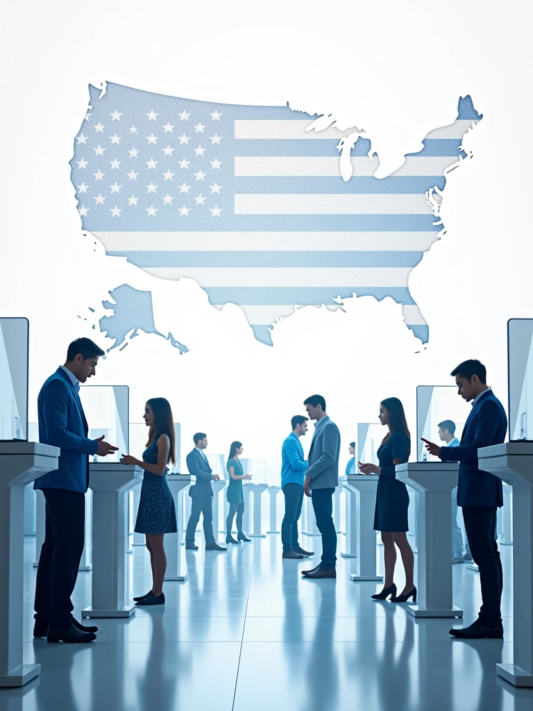 Design a futuristic image with the slogan "Shape Tomorrow, Vote Today." Use a sleek, modern font, with the American flag as a digital hologram in the background. Include imagery of futuristic technology, like a digital voting machine, and people from different walks of life casting votes. Bright blues and silvers should dominate the color scheme. on white background.