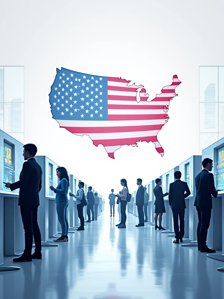 Design a futuristic image with the slogan "Shape Tomorrow, Vote Today." Use a sleek, modern font, with the American flag as a digital hologram in the background. Include imagery of futuristic technology, like a digital voting machine, and people from different walks of life casting votes. Bright blues and silvers should dominate the color scheme. on white background.