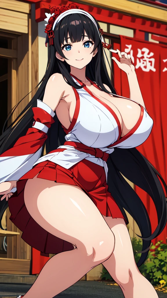 good quality, best quality, highres, absurdres, 8k, 4K, masterpiece, Girl in Japanese shrine maiden outfit, (Hime cut), (super long black hair),(((straight bangs, blunt bangs))),(White headband), Blue eyes, super long black hair, hair ornament, ribbon, smile, Showing her breasts, (Huge breasts:1.3), Cleavage, White kimono, Shoulder-exposing sleeves, open-chested costume, Short skirt, Red Skirt, (upskirt), cameltoe,