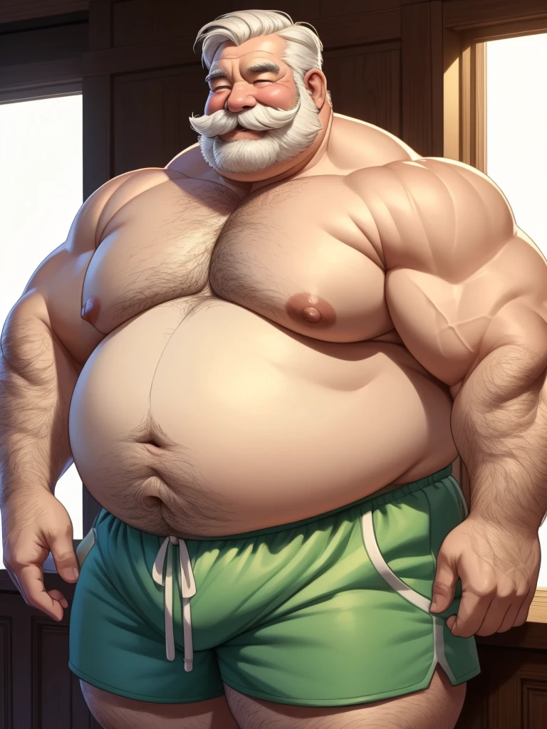 fat daddy, hot daddy, a smiling obese old man, chubby, big fat, detailed realistic portrait, 8k high resolution, topless, sumo physique, side view, perfect center, full view, realistic skin texture, wrinkled face, short hair, thick mustache, white hair, bearded, jovial expression, huge belly, fat, wearing shorts, high detail, masterpiece, (best quality,4k,8k,highres,masterpiece:1.2),ultra-detailed