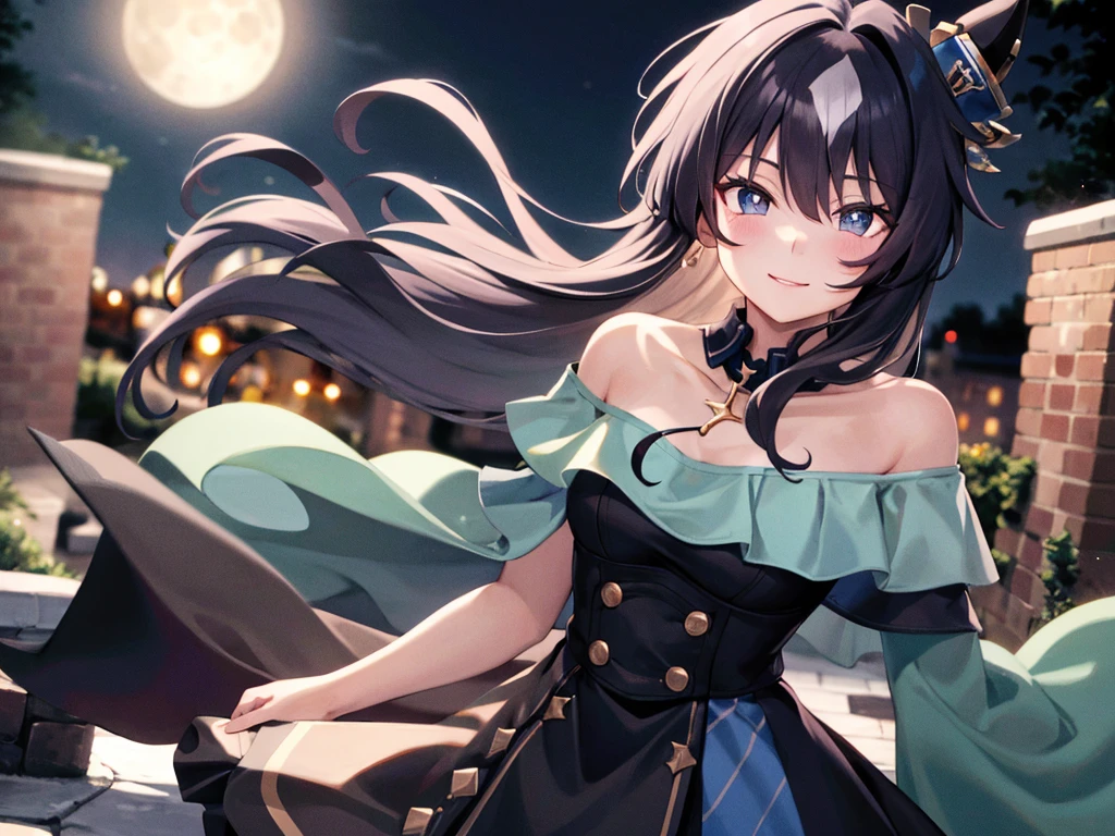 Chest is center right、Sharpness、masterpiece, 8k wallpaper, best quality, １People Women, Adult beauty、Moonlit Night, Light blue knitted dress, off_shoulder, smile, blush, looking at the viewer, Brick Road