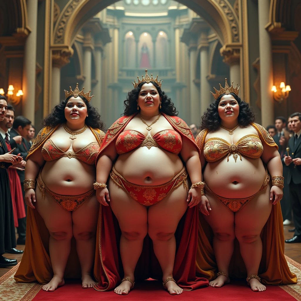 Three plus size model women with a lot of fat on their stomachs and buttocks weigh 150kg, they gained weight by eating too much, they are obese American plus size models with very big buttocks, their buttocks are big and bulging and covered with a lot of fat, they are wearing the gorgeous costumes of queens and standing in front of the people in the castle, 4K quality