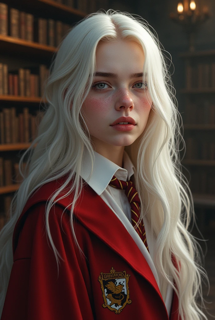 Billie Elish long white hair in Hogwarts uniform house gryffindor ,inside a magic library ,realisitic,ultra realistra ,ultra HD ,ultra 8k ,pretty girl , attractive girl , very attractive ,very beautiful , perfect