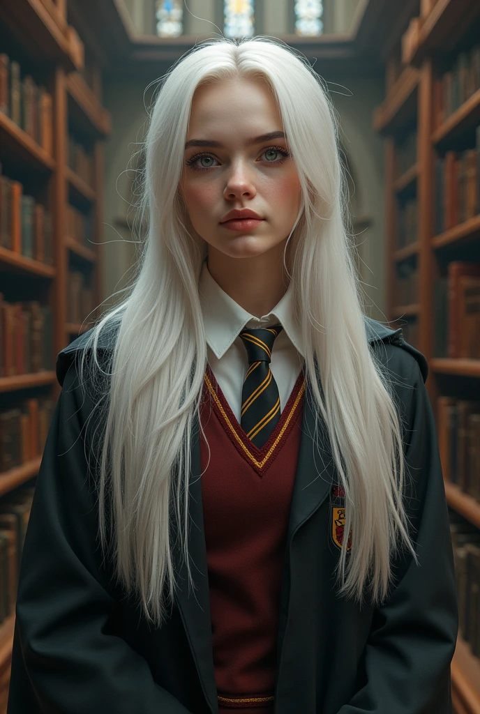 Billie Elish long white hair in Hogwarts uniform house gryffindor ,inside a magic library ,realisitic,ultra realistra ,ultra HD ,ultra 8k ,pretty girl , attractive girl , very attractive ,very beautiful , perfect