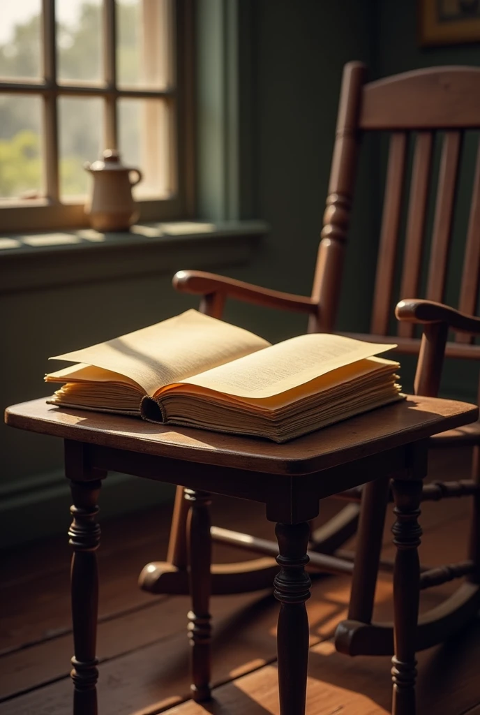 A small table next to the rocking chair, with a stack of aged letters