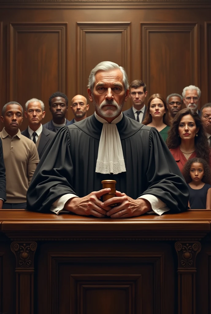 icon: A courtroom with a judge holding a gavel, and people of different ages (from a baby to an older adult) In the background, symbolizing the legal and social decisions related to the recognition of the person