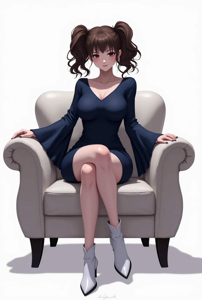 Asian woman, (beautiful) Short hair up, glossy black color, sitting in a chair, in a back room, with a happy look, big breasts, with a blue blouse, bare legs, black panties, showing her feet, your bare soles. realistic style 