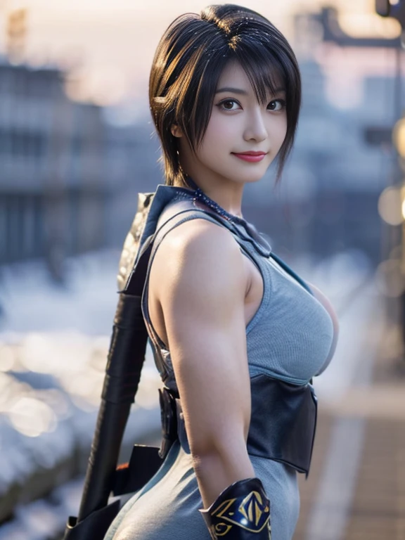 20 year old Japanese beauty，One woman、Muscular body like a bodybuilder、Emphasize the breasts、Slit eyes、A head-to-toe view，Bust is very very large、The background is a snowy country、High quality photos、Clear, crisp images of the lower body、Masterpiece 8k、Smiling、Throwing a shuriken with the right hand、From the front, from the side, from the back, etc.々from what camera angle to shoot、Light blue ninja costume