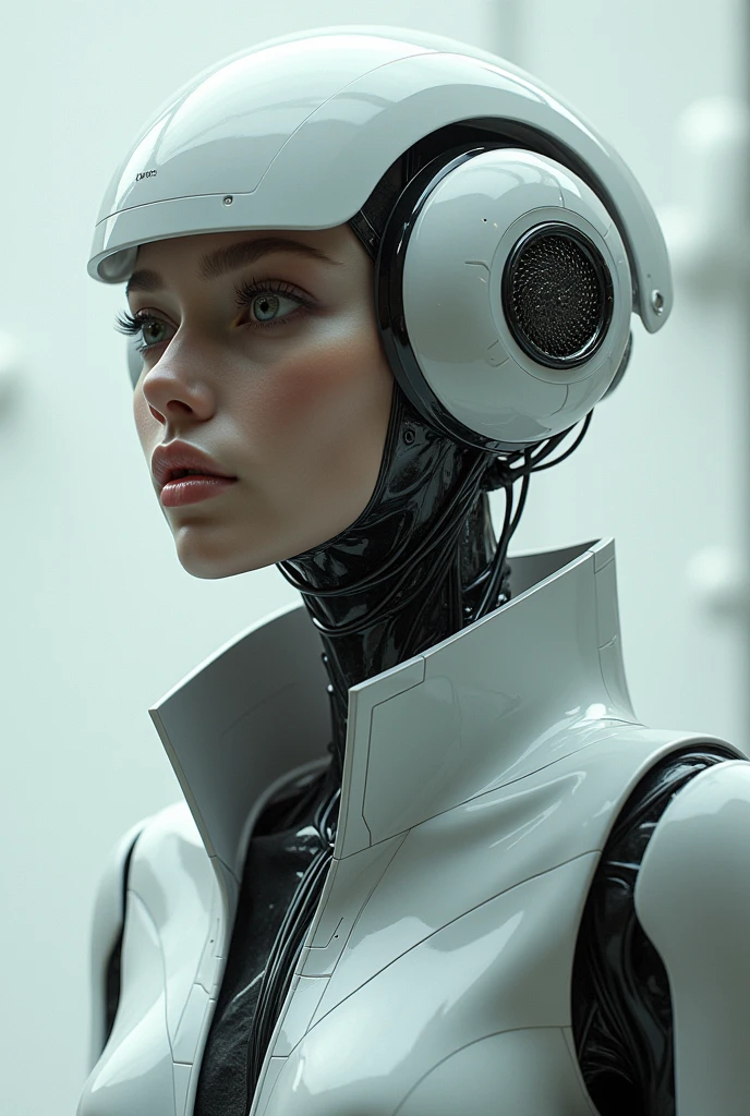 Luxury style, masterpiece, complex detailed, best quality, hdr, editorial fashion photo, biomechanical alien, sophisticated, high-end, luxurious, art by goro fujita, white and black colors, Cyberhelmet, cyber, cyberworld,