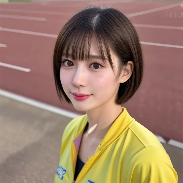 (kawaii 24 year-old Japanese girl, Nogizaka idol, Korean idol), healthy female athlete body, (glossy brown hair, short hair, pixie cut, bangs:1.3), (rounded face, beautiful black eyes, single eyelid, no makeup:1.2), (looking at viewer, soft smiling), (wearing track jacket, sports leggins:1.3), perfect shaped extra small breasts, BREAK, (track and field stadium background:1.2), (dynamic angle, bust shot:1.3),  BREAK, (masterpiece, best quality, photo realistic, official art:1.4), (UHD, 8K quality wallpaper, high resolution, raw photo, golden ratio:1.3), (shiny skin), professional lighting, physically based rendering, award winning, (highly detailed skin, extremely detailed face and eyes, anatomically correct), Carl Zeiss 85 mm F/1.4, depth of field, 1girl, solo,