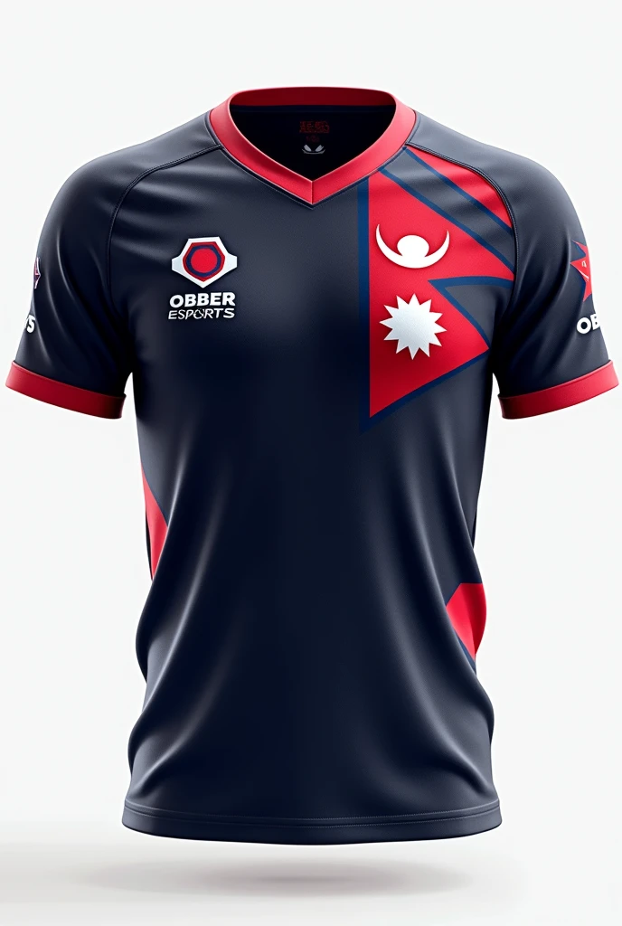 Creat a jersey with OBBER ESPORTS LOGO IN RIGHT TOP AND NEPAL FLAG LOGO IN LEFT TOP .
