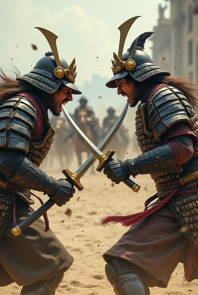 Absurd, High resolution, Super detailed, beautiful, masterpiece, Highest quality、水面に光がreflectionしている、reflection、Realな質感、Realistic、Real、Realistic、Blur、samurai、armor、Japanese sword、Fight、Combat Ready、anger、war、Broken Building、horse、inflammation、scratch、Two people、沢山のsamurai、Sword Sparks、In combat、sand、Open your mouth、sand埃、Holding a sword with both hands、