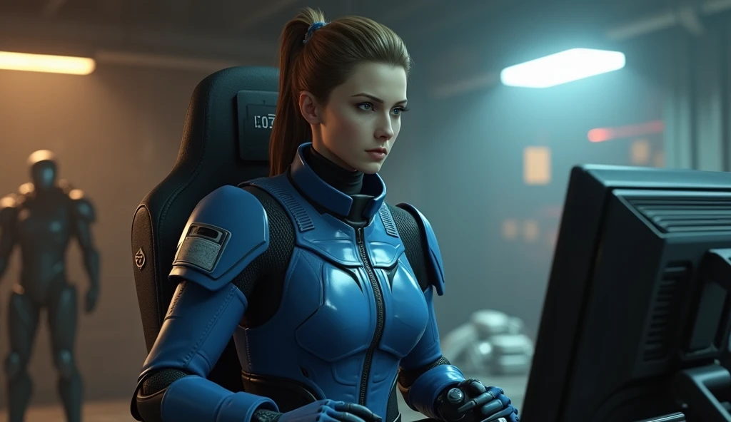 a female police officer in blue uniform standing in front of a computer, stylization for consequences 4, female main character, wears power armor, screenshot from'consequences 4', female character, screenshot from consequences 4, in the nuclear wasteland, sigma woman, consequences 4, solo female character, mechsuit discarded in the background, cyborg merchant woman