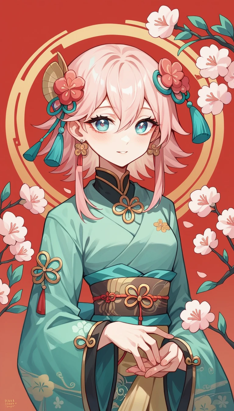 The red background image with peach blossoms creates the perfect balance between dynamic and peaceful. The peach blossom branches seem to fade into the background, creating depth and meaning, reminiscent of hope, prosperity and a prosperous new year with a combination of tradition and modern style.