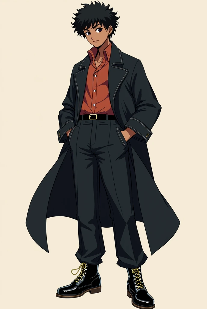 ((Modelo koji 2D estilo anime)),((Solo portrait)),(boy1),((Dark skin color:1.5)),(1 ager),(height1, 85cm),(average physical body of a teen),(mixed face shape with a thick flat nose plus a little thin and a big mouth plus a little thin),((short black curly curly hair)),(Tall body),((Image of a solo boy)),(Wearing),+,(a stylish black emperor pants made of cotton decido with sisa tones and two leather boots on the feet with lines of another and a black blouse with sleeves that go to the landing in the emperor style with a black overcoat)