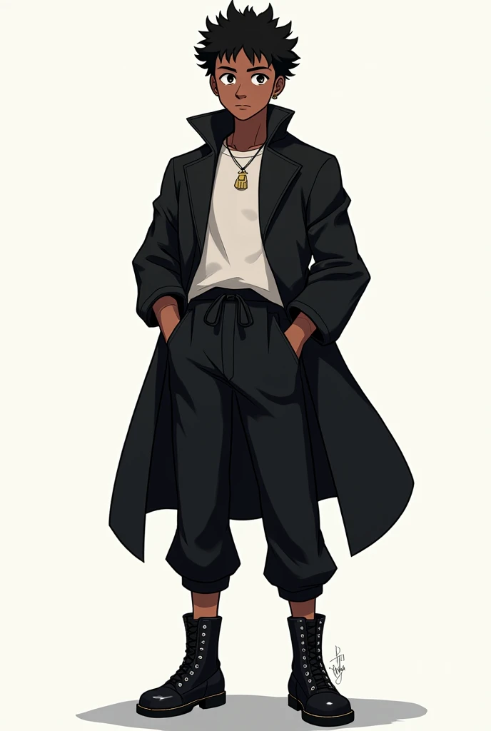 ((Modelo koji 2D estilo anime)),((Solo portrait)),(boy1),((Dark skin color:1.5)),(1 ager),(height1, 85cm),(average physical body of a teen),(mixed face shape with a thick flat nose plus a little thin and a big mouth plus a little thin),((short black curly curly hair)),(Tall body),((Image of a solo boy)),(Wearing),+,(a stylish black emperor pants made of cotton decido with sisa tones and two leather boots on the feet with lines of another and a black blouse with sleeves that go to the landing in the emperor style with a black overcoat)