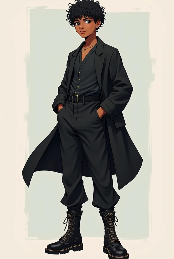 ((Modelo koji 2D estilo anime)),((Solo portrait)),(boy1),((Dark skin color:1.5)),(1 teenager),(height1, 85cm),(average physical body of a teenager),(mixed face shape with a thick flat nose plus a little thin and a big mouth plus a little thin),((short black curly curly hair)),(Tall body),((Image of a solo boy)),(Wearing),+,(a stylish black emperor pants made of cotton decido with sisa tones and two leather boots on the feet with lines of another and a black blouse with sleeves that go to the landing in the emperor style with a black overcoat)