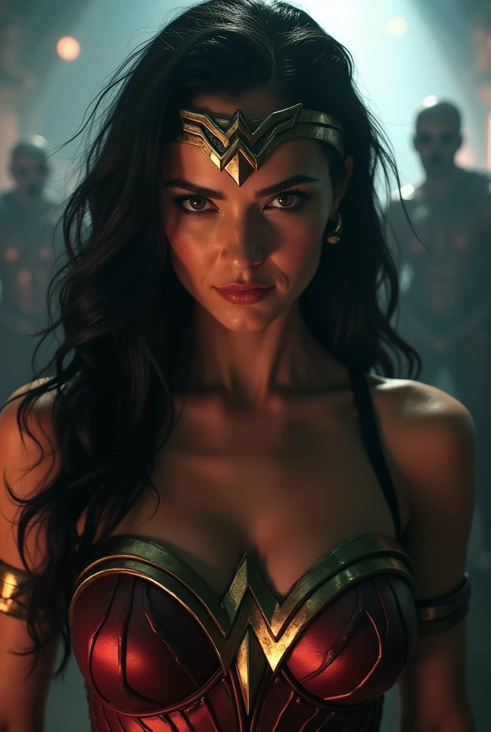 Scene from Movie, Wonder Woman from DC Close-Up, Distorted Space, Distorted Undead in the Background, Lens Flares, Light Shafts, Intricate Details, High Detailed, Volumetric Lighting, 4k Rendering, Stock Photo, Hyper-Realistic, Realistic Textures, Dramatic Lighting, Unreal Engine, long black straight hair, elegant hair, (30 years old, hazel eyes, hourglass figure, perfect fit body, natural big breasts)