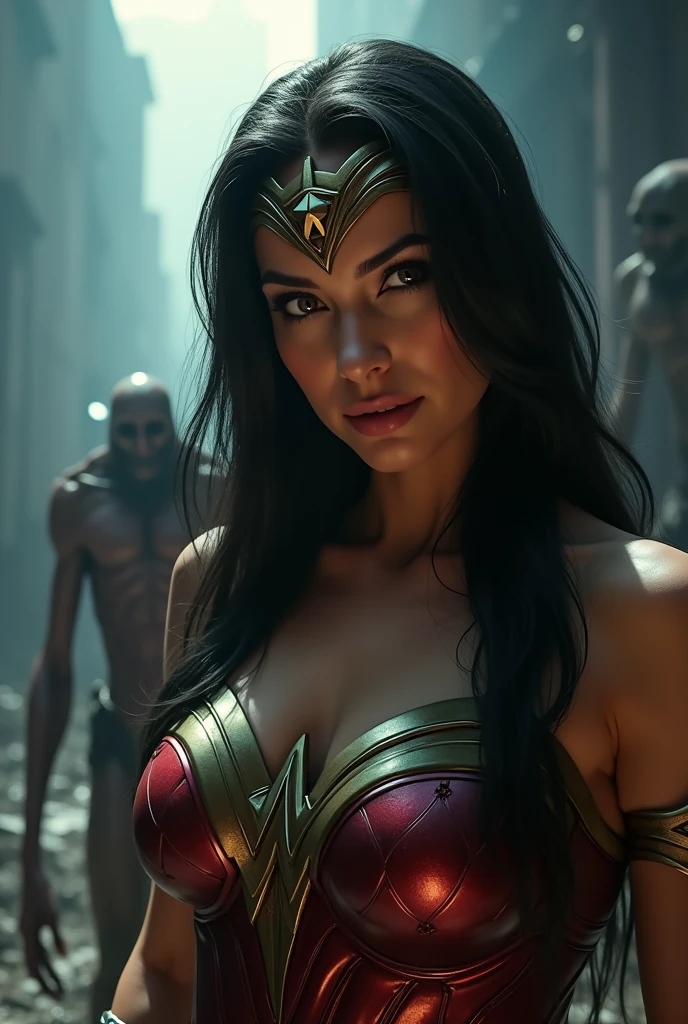 Scene from Movie, Wonder Woman from DC Close-Up, Distorted Space, Distorted Undead in the Background, Lens Flares, Light Shafts, Intricate Details, High Detailed, Volumetric Lighting, 4k Rendering, Stock Photo, Hyper-Realistic, Realistic Textures, Dramatic Lighting, Unreal Engine, long black straight hair, elegant hair, (30 years old, hazel eyes, hourglass figure, perfect fit body, natural big breasts)