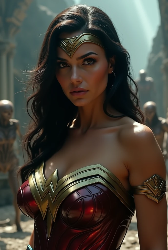 Scene from Movie, Wonder Woman from DC Close-Up, Distorted Space, Distorted Undead in the Background, Lens Flares, Light Shafts, Intricate Details, High Detailed, Volumetric Lighting, 4k Rendering, Stock Photo, Hyper-Realistic, Realistic Textures, Dramatic Lighting, Unreal Engine, long black straight hair, elegant hair, (30 years old, hazel eyes, hourglass figure, perfect fit body, natural big breasts)