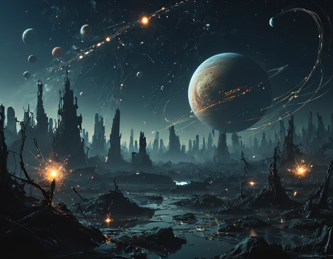Fog and smoke particles gather into planets, Surreal universe, Circuit Board, a an epic (Constellation of planets on the background sky:1.7) Crying and emitting silver light, (Planetary shell :1.3) (wail:1.4) In desperation (Howl:1.3) On a long-vanished earth, Absolute darkness, weird lights in a post-apocalyptic, at night, Dying Light, Cosmic disaster, Beautiful yet disturbingly calm atmosphere, Perfect composition, Deep shadows from planetary sources, The faint light of fireflies, Cable with glowing gold, (Distant planetary collision:1.2), Blurred silhouette of a lost soul, epic, weird, gloomy, despair, despair的, From ancient times 
