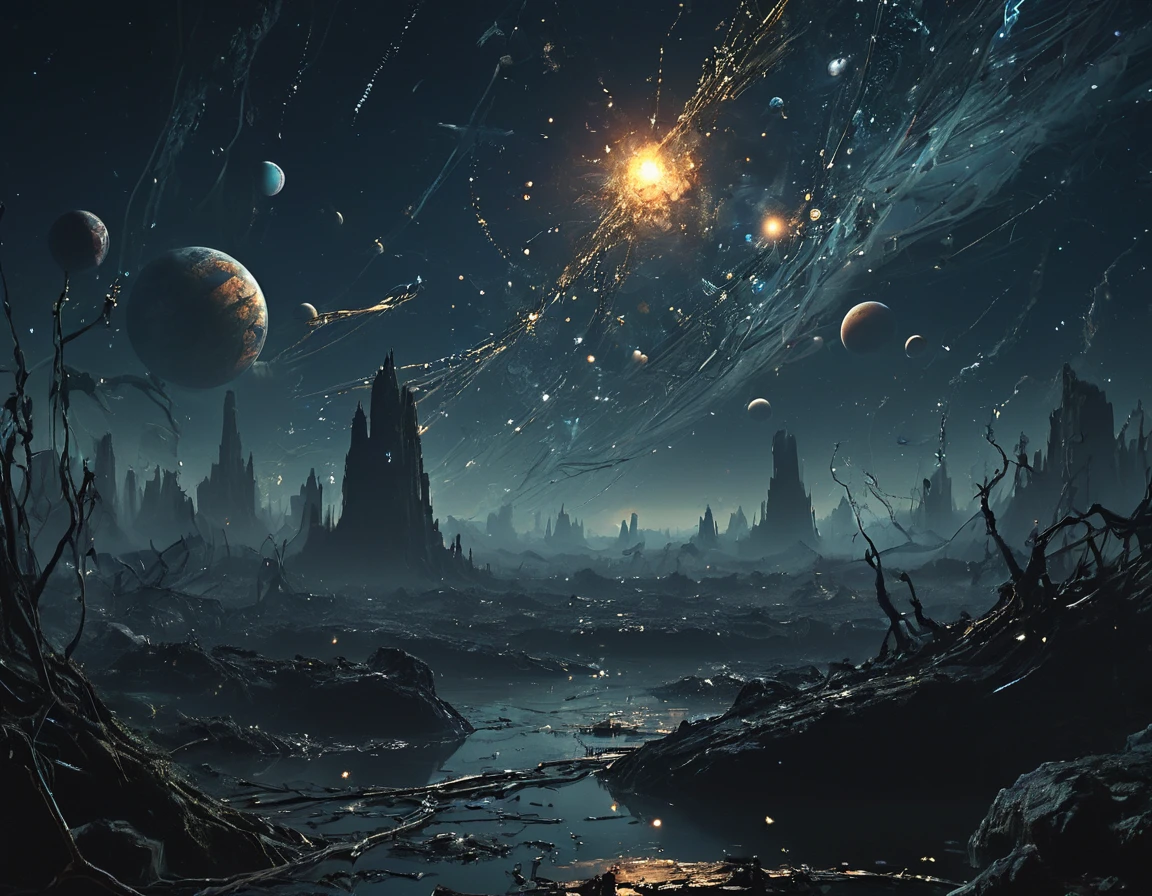 Fog and smoke particles gather into planets, Surreal universe, Circuit Board, a an epic (Constellation of planets on the background sky:1.7) Crying and emitting silver light, (Planetary shell :1.3) (wail:1.4) In desperation (Howl:1.3) On a long-vanished earth, Absolute darkness, weird lights in a post-apocalyptic, at night, Dying Light, Cosmic disaster, Beautiful yet disturbingly calm atmosphere, Perfect composition, Deep shadows from planetary sources, The faint light of fireflies, Cable with glowing gold, (Distant planetary collision:1.2), Blurred silhouette of a lost soul, epic, weird, gloomy, despair, despair的, From ancient times