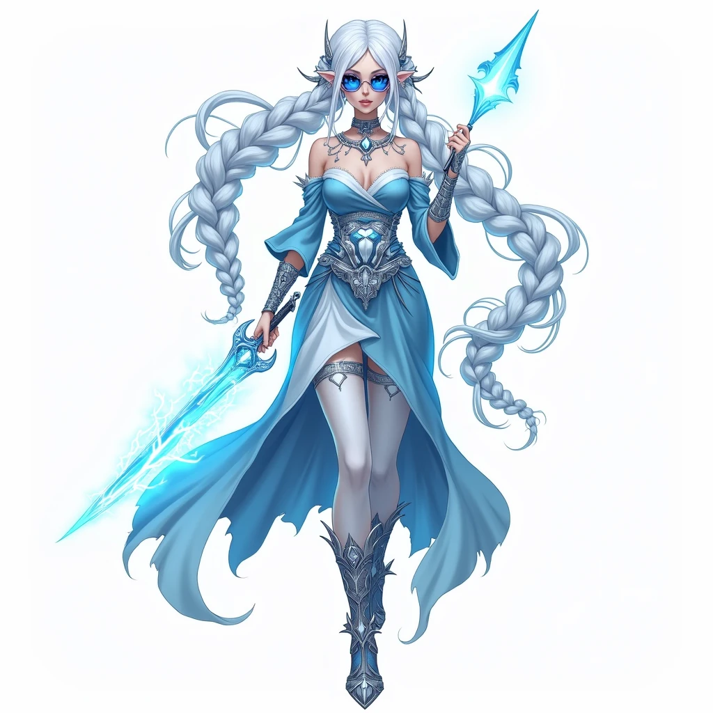 (wearing big rayban aviator sky blue tinted sunglasses), (left wristband contains steampunk clocks), (watches and time related engines), (boots contain fancy silver embroidery), (using silver hoops for earrings), (the front part of the hair have been partially dyed cyan), (blue lipstick), (full body view), (walking), (background white), (a woman with wings and a halo), (ice sorceress), (ice mage), (full portrait of elementalist), (world of warcraft art style), (beautiful ancient frost witch), (clothed in ethereal battle armor), (painted in the style arcane), (clothed in ethereal armor), (epic mage girl character), (mystical atlantean valkyrie), (ice crystal armor), (white shiny hair in high-wide pigtail braided ponytails), (metal, diamond and silver accessories), (fancy silver crystal artistic boots with spikes and dragonic look with white diamonds and big pointy heels), (shiny silver satin belt with white crystal diamond in the middle), (wearing extra silver and diamond jewellery such as rings, earrings, wristbands, armbands, necklaces, choker, tiara, hair clips), (weapon glows with blue fire and lightning), (huge anime big large and cute gray eyes with long eyelashes), (intricate detailed white hair decorations with braided pigtails and long normal hair), (artistic tattoos highlighting her edgy persona), (cute pretty beautiful symmetric face, cute nose, juicy shiny silver lips), (symmetry), (dual colored open wrap blue ballgown dress with cyan textures and white embroidery), (cyan satin schoolgirl style skirt), (white stockings with cyan laces attached on the underpants), (blue tinted sunglasses with silver frame and diamonds), (holding a glowing blue dagger in her right hand), (using left hand to cast a spell orb blue shiny ball made of energy, fire and electricity)
avoid (lowres, text, error, cropped, worst quality, low quality, jpeg artifacts, ugly, duplicate, morbid, mutilated, out of frame, extra fingers, mutated hands, poorly drawn hands, poorly drawn face,