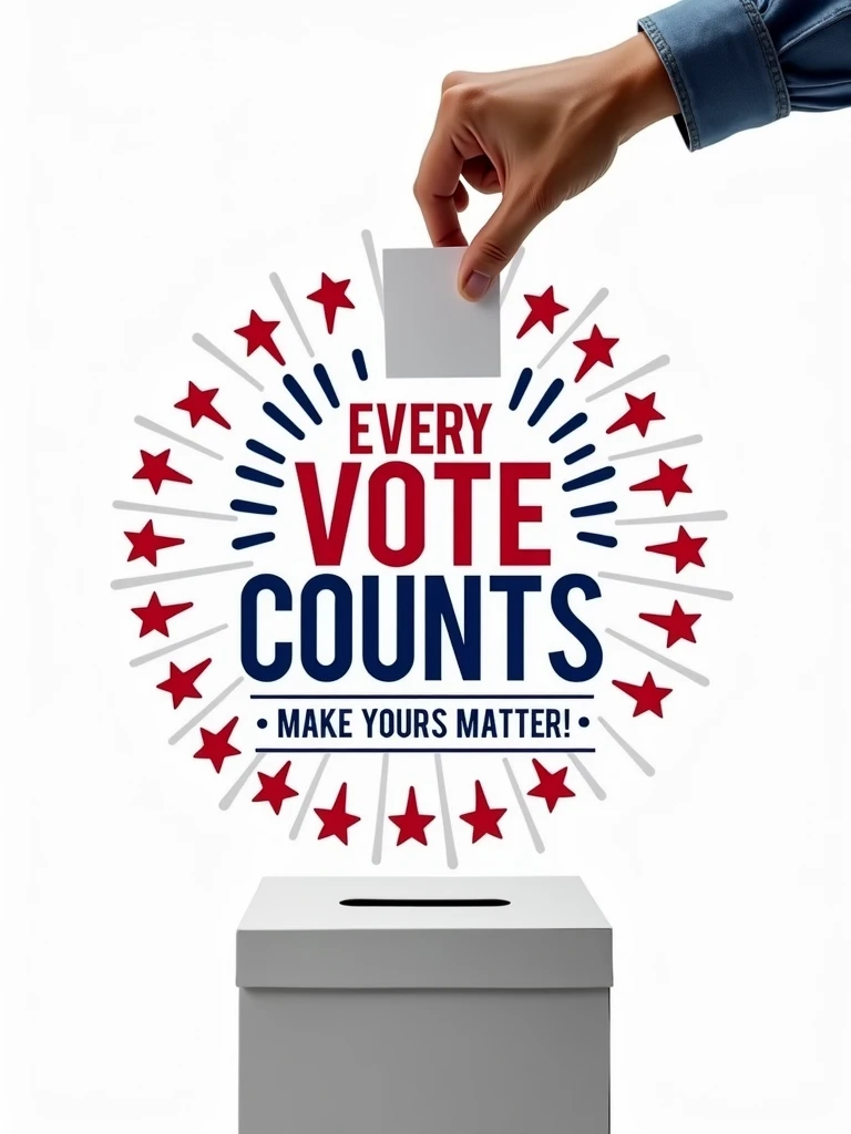 Craft an image that emphasizes "Every Vote Counts—Make Yours Matter!" Place the words prominently in the center, surrounded by stars and stripes from the American flag. Add imagery of a close-up of a hand dropping a ballot into a box. Use high-contrast colors to make the message stand out and resonate with viewers.on white background.