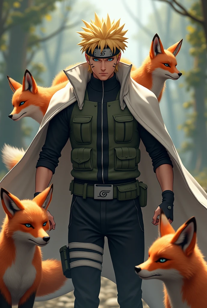 (photorealism:1.2), Naruto Uzumaki ,with foxes ,bright blue eyes and black outfit and white cape