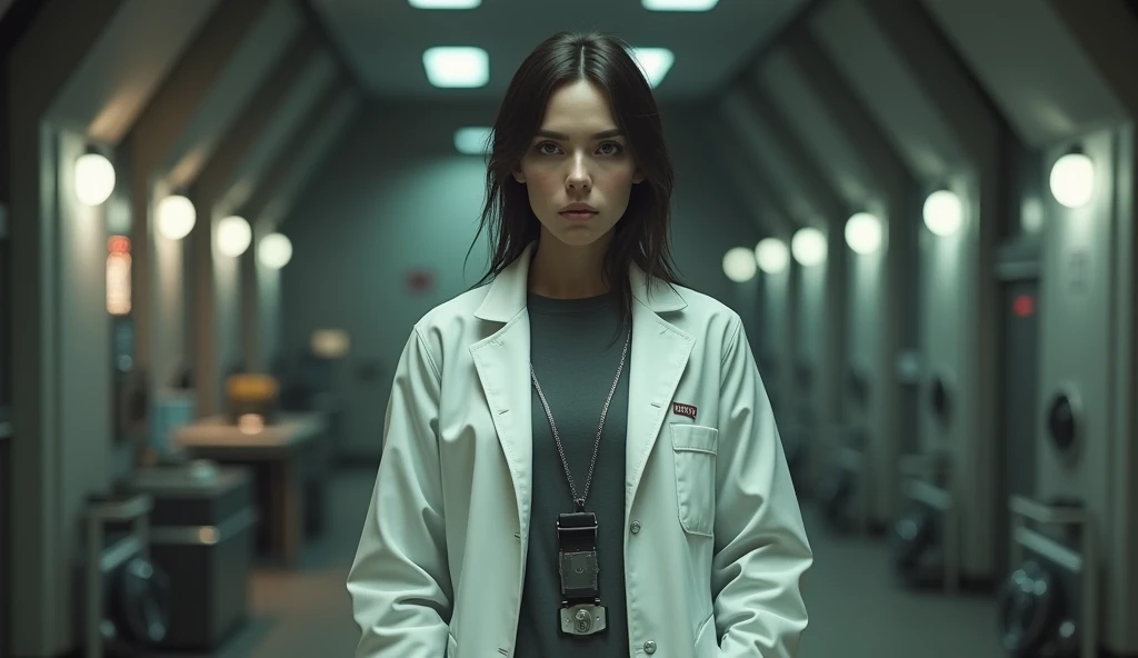 There is a woman in a white lab coat standing in a room., Gordon Freeman as a woman, Perfect human female specimen, cyber penguin in fallout 4, cybernetic machine female face, realistic restored face, elite scientist, female character, Styling for Fallout 4, attractive sci-fi face, with very detailed face, cyborg merchant woman, yaoi kasuma