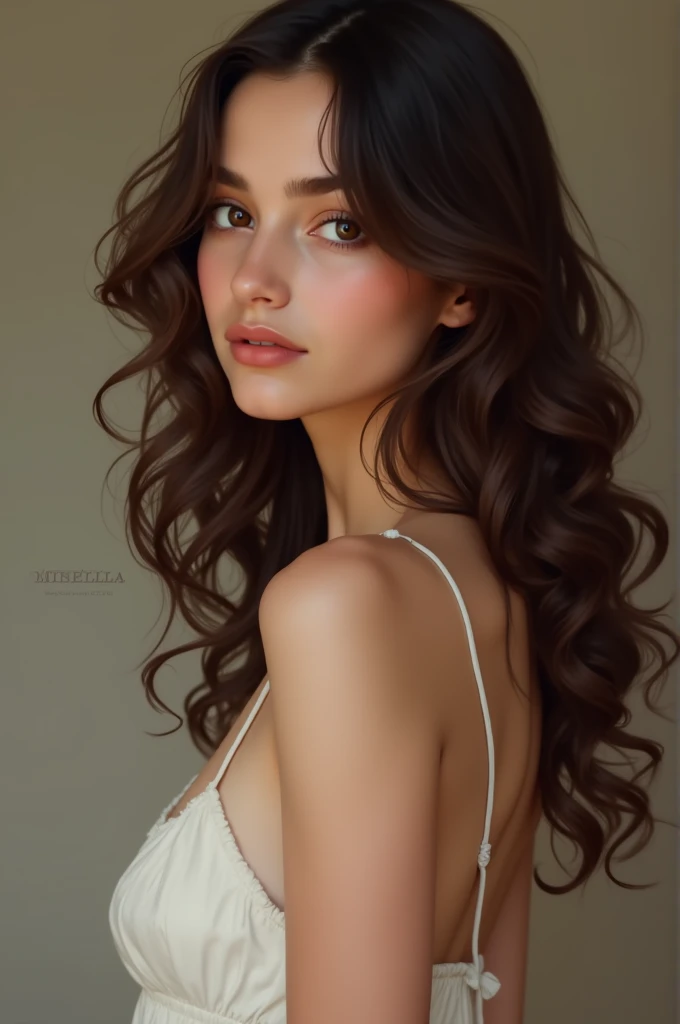 Draw Mirella, She is brunette, has curly hair and is thin