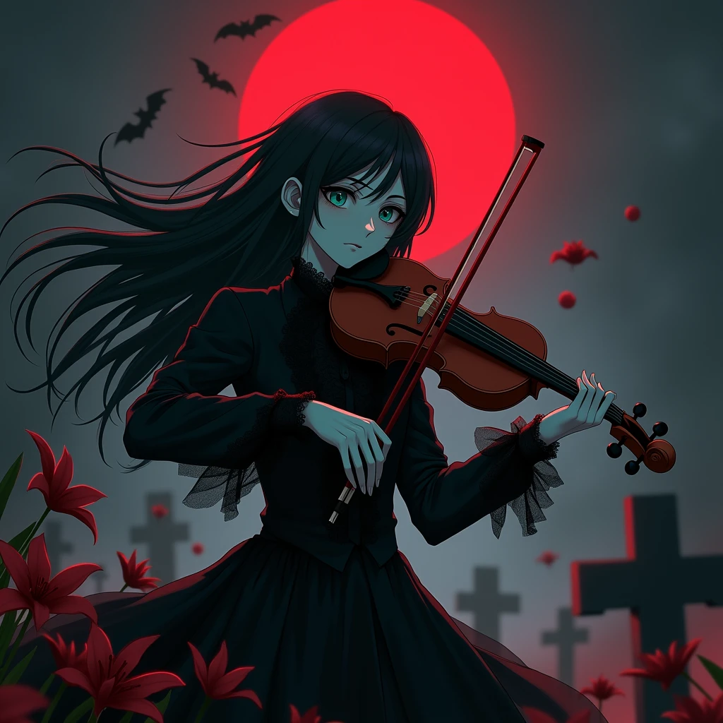 ((Anime boy)(( 1 male with long black hair and teal eyes, dressed in frilly gothic black clothes. His skin is white and pale like a vampire. Playing violin in the graveyard. (((Gloomy)) ((smoky)) ((dark)) ((black and purple)) (((scary))) ((horror))) mysterious) (((masterpiece)) ((perfectly detailed) (((anime style))) ((Halloween)) ((scary))) ((smoke fills the room) ((looking down))) ((up angle) ((corpses and dead souls are dancing around him) (((up angle)))) gloomy atmosphere. Sleepy eyes)) tired expression))) ((((dark)))) no hope left. No faith left. ((Red moon)) ((no light)) ((red and black shading)) ((ghosts)  ((death lilys)