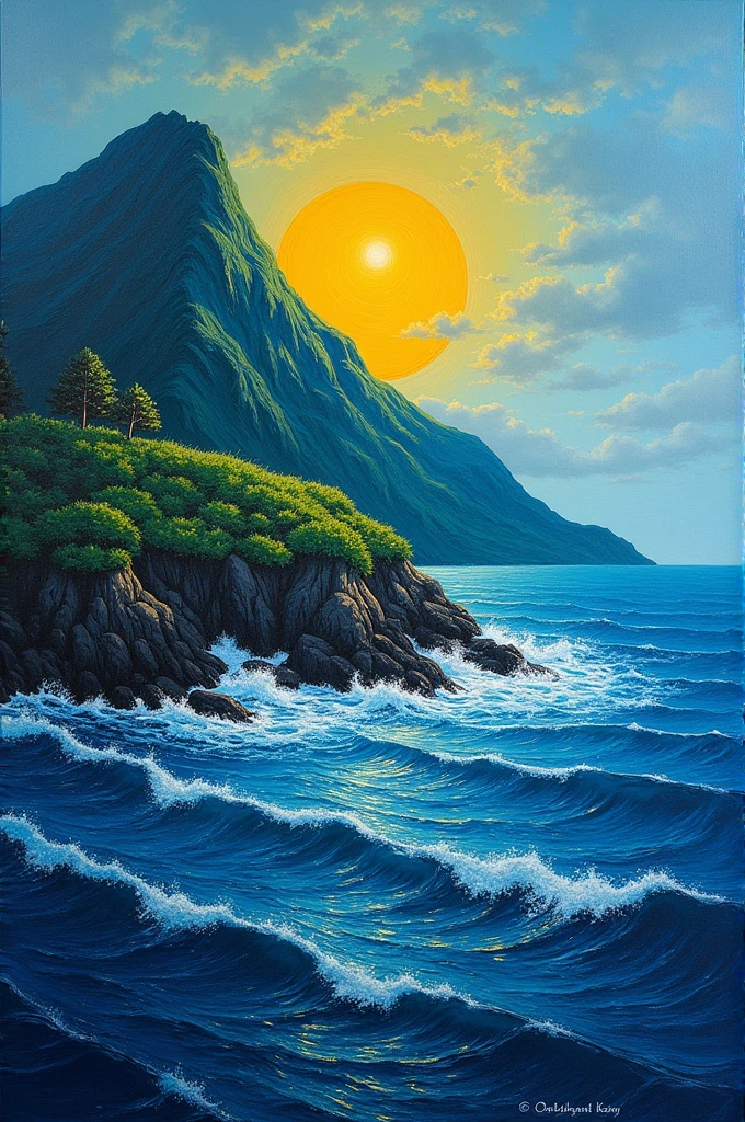 A rough oil painting of a blue sea becoming a green mountain with a yellow sun in between