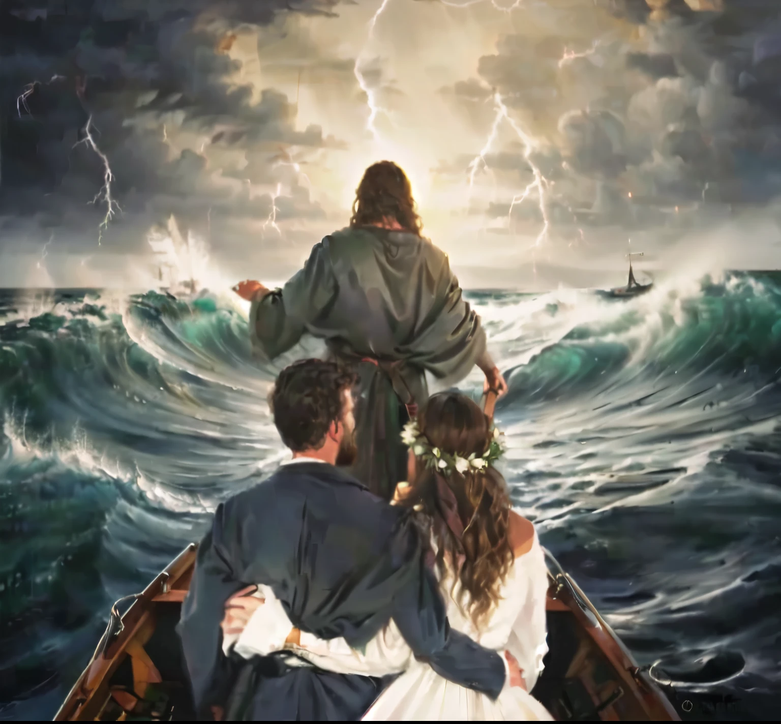 Create an image, work of art, best qualityer, oil painting style, back view of a boat, wedding couple inside, Jesus inside the boat driving, Jesus with his back turned holds the helm of the boat, boat in a storm on the high seas, large waves, Lightning in the sky, Jesus commands the boat, Jesus is at the bow of the boat holding the helm, couple is at the stern of the boat, there is only one boat in the picture, Lightning in the sky, huge waves, boat going up huge wave, generated image of a bride and groom on a boat on a stormy day, emotional image