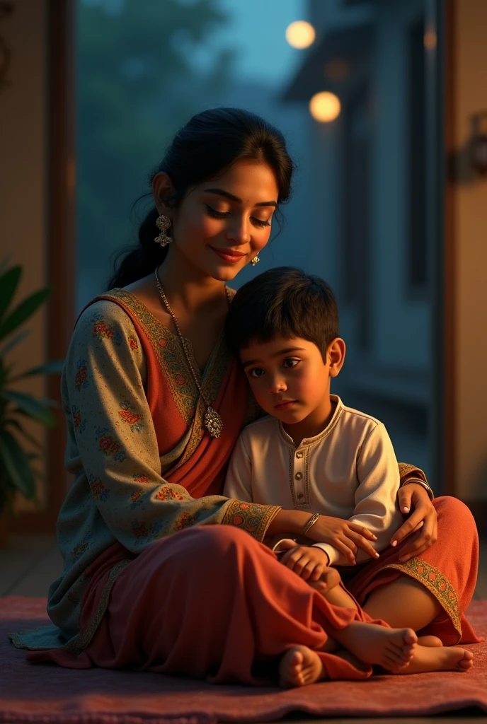 40 year old indian woman wears kurta and slacks, sitting on lap of indian teenage boy.